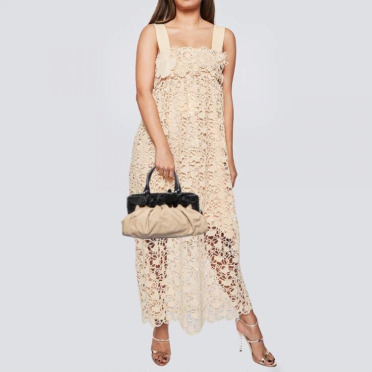 Pre Owned Valentino Beige/Black Leather and Watersnake Lacca Fleur Frame Satchel