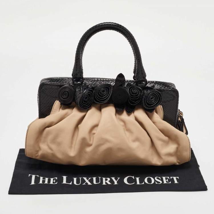 Pre Owned Valentino Beige/Black Leather and Watersnake Lacca Fleur Frame Satchel
