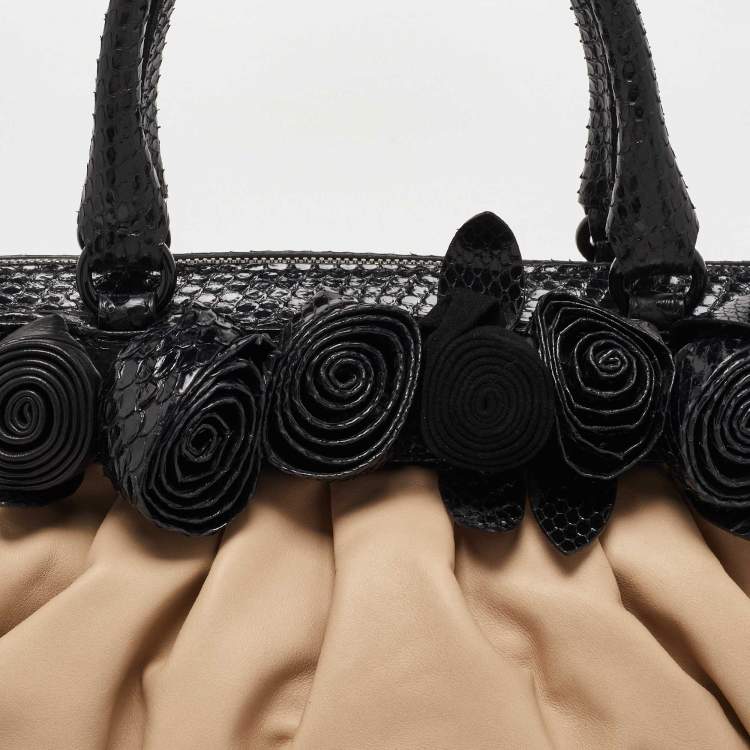 Pre Owned Valentino Beige/Black Leather and Watersnake Lacca Fleur Frame Satchel