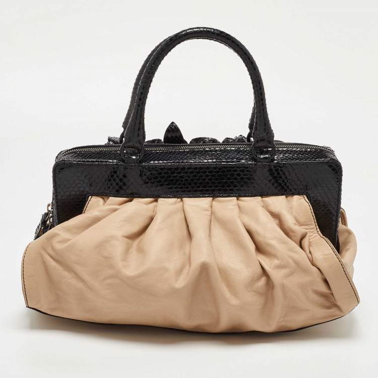 Pre Owned Valentino Beige/Black Leather and Watersnake Lacca Fleur Frame Satchel