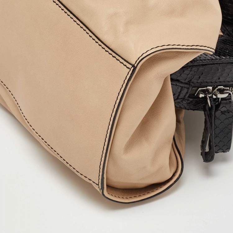 Pre Owned Valentino Beige/Black Leather and Watersnake Lacca Fleur Frame Satchel