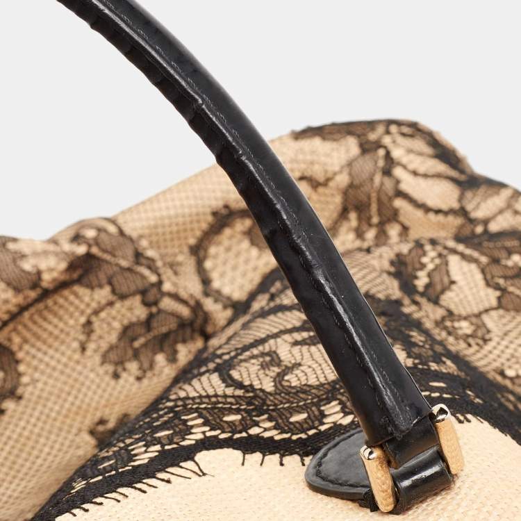 Pre Owned Valentino Beige/Black Raffia,Patent Leather and Lace Bow Dome Satchel