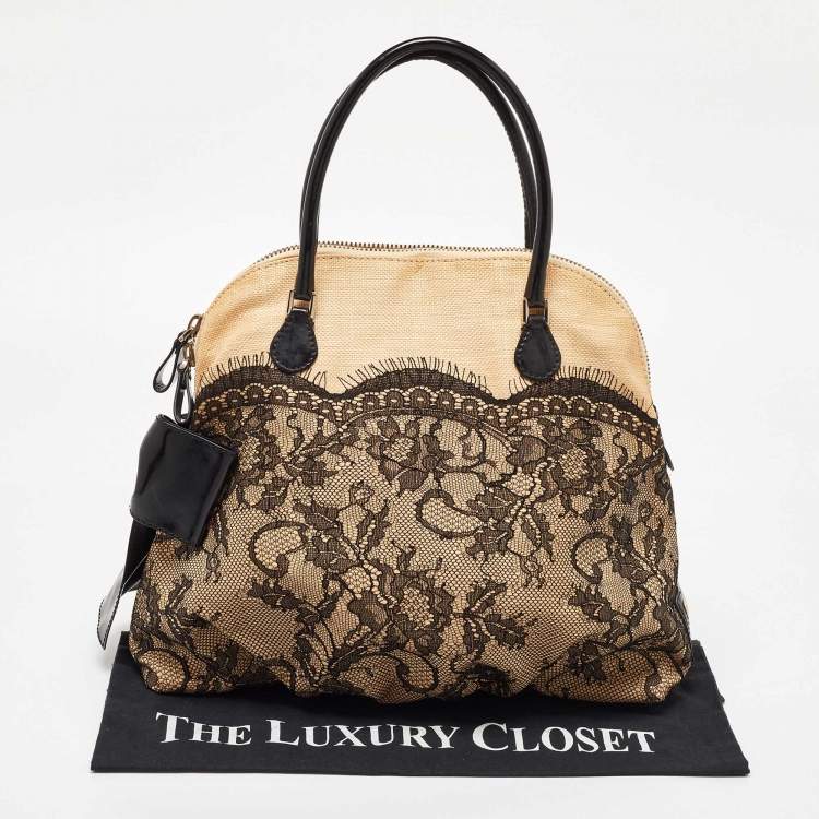 Pre Owned Valentino Beige/Black Raffia,Patent Leather and Lace Bow Dome Satchel