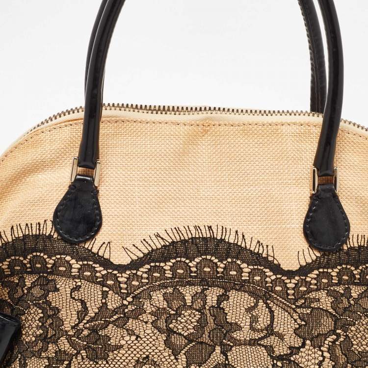 Pre Owned Valentino Beige/Black Raffia,Patent Leather and Lace Bow Dome Satchel