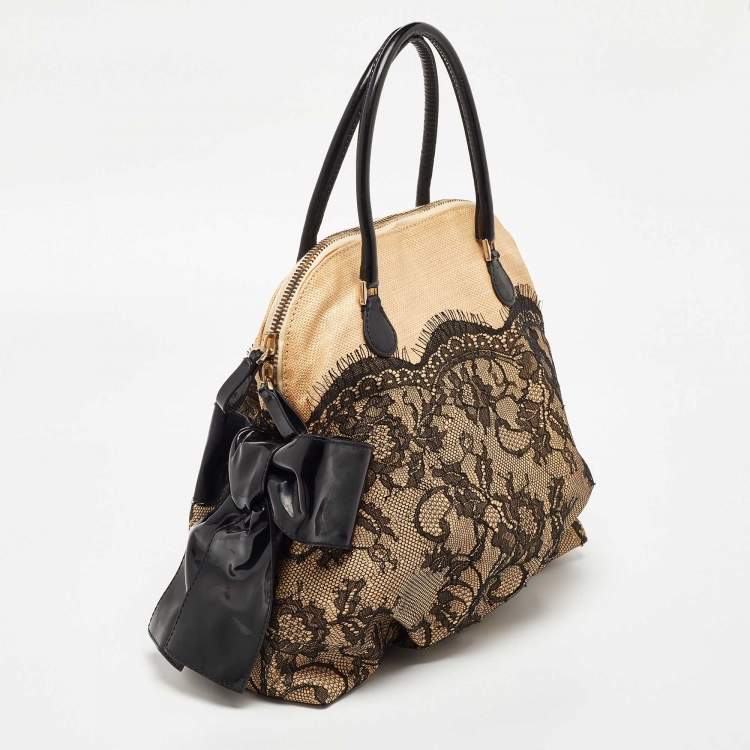 Pre Owned Valentino Beige/Black Raffia,Patent Leather and Lace Bow Dome Satchel