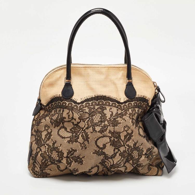 Pre Owned Valentino Beige/Black Raffia,Patent Leather and Lace Bow Dome Satchel