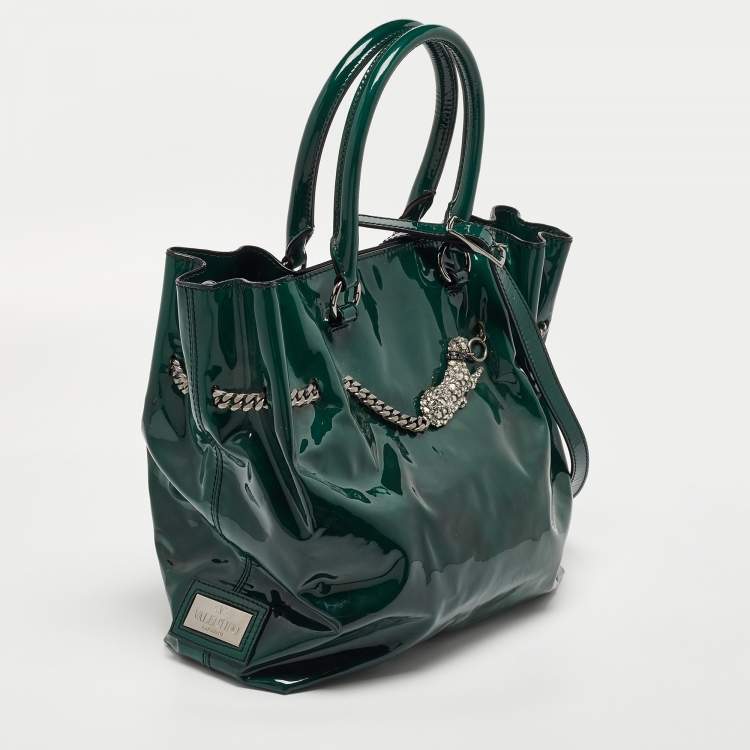 Pre Owned Valentino Green Patent Leather Chain Tote