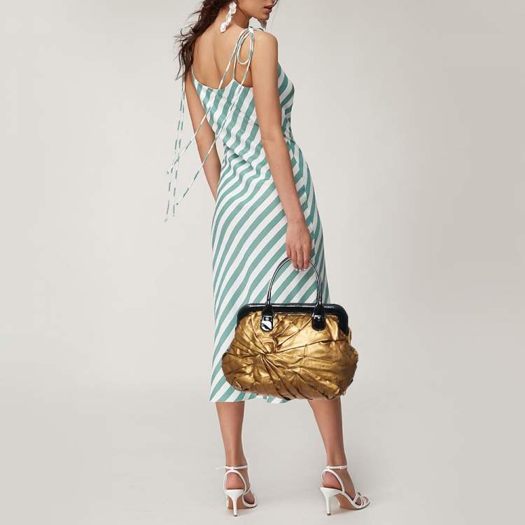 Pre Owned Valentino Gold/Black Pleated Patent Leather Satchel
