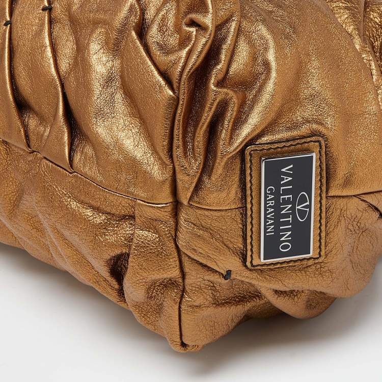 Pre Owned Valentino Gold/Black Pleated Patent Leather Satchel