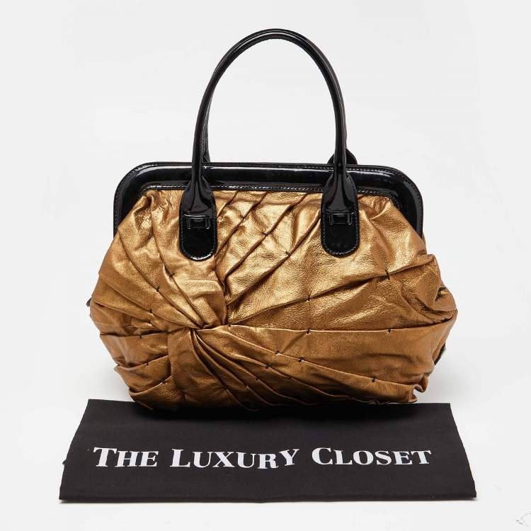 Pre Owned Valentino Gold/Black Pleated Patent Leather Satchel