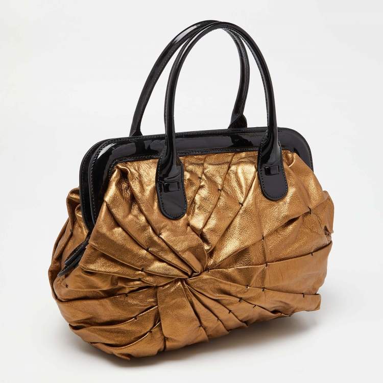 Pre Owned Valentino Gold/Black Pleated Patent Leather Satchel