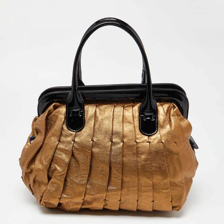 Pre Owned Valentino Gold/Black Pleated Patent Leather Satchel