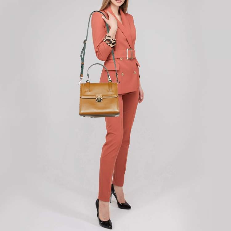 Pre Owned Valentino Tan/Green Leather Studded Top Handle Bag