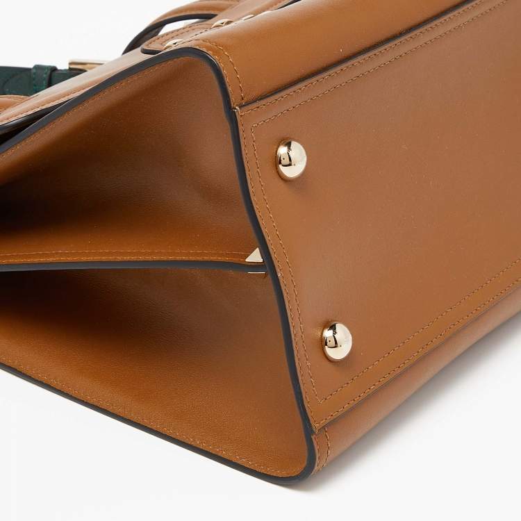 Pre Owned Valentino Tan/Green Leather Studded Top Handle Bag