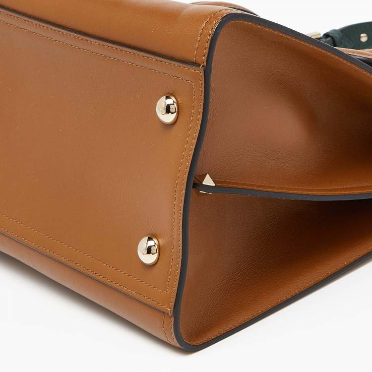 Pre Owned Valentino Tan/Green Leather Studded Top Handle Bag