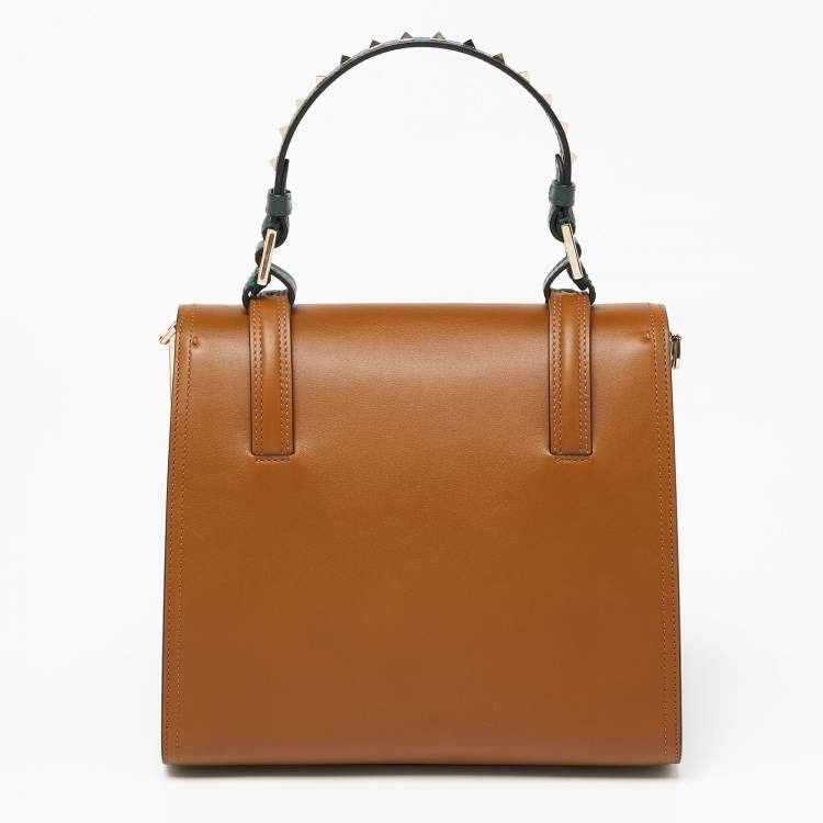 Pre Owned Valentino Tan/Green Leather Studded Top Handle Bag