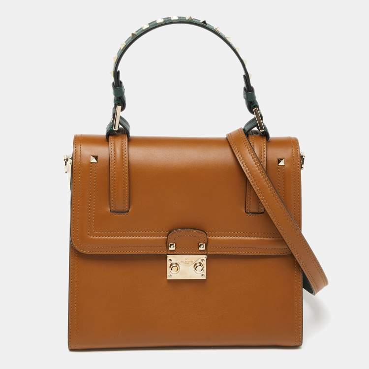 Pre Owned Valentino Tan/Green Leather Studded Top Handle Bag
