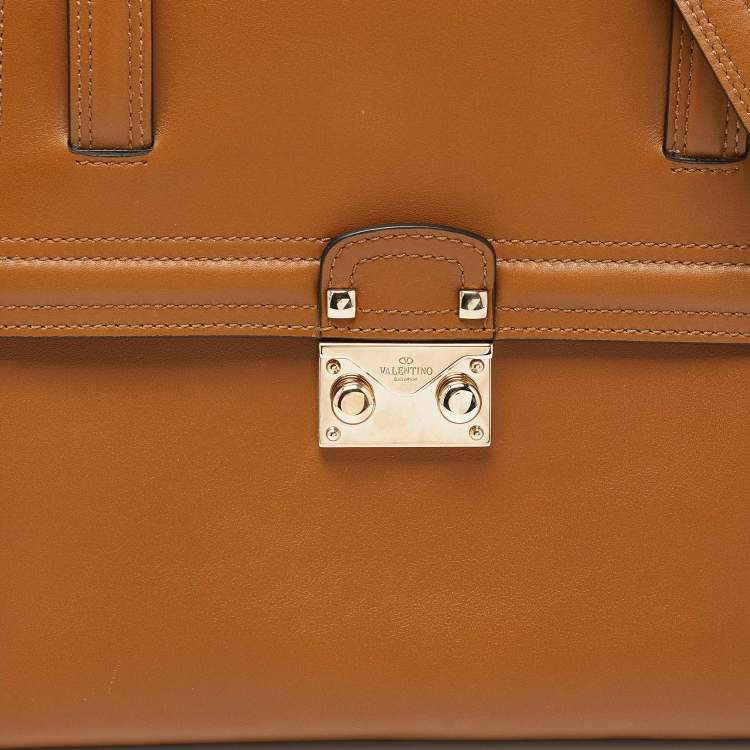 Pre Owned Valentino Tan/Green Leather Studded Top Handle Bag