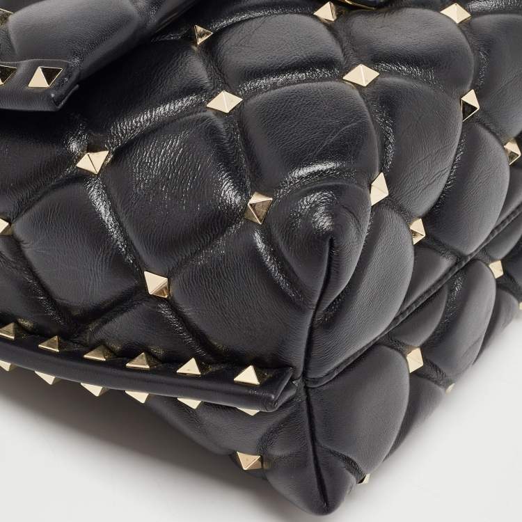 Pre Owned Valentino Black Quilted Leather Medium Candystud Top Handle Bag
