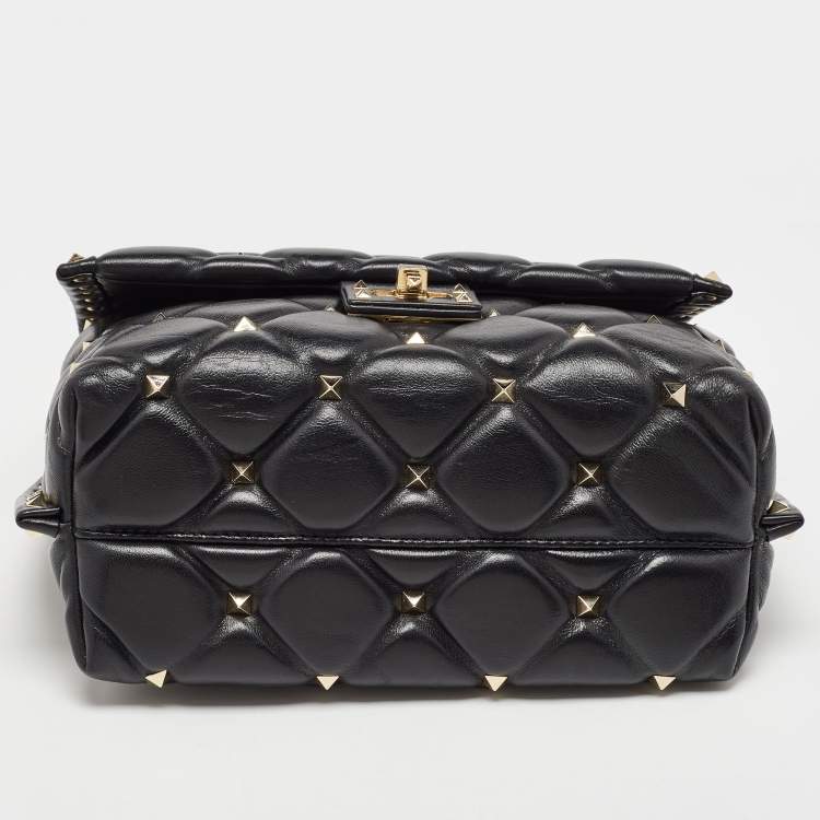 Pre Owned Valentino Black Quilted Leather Medium Candystud Top Handle Bag