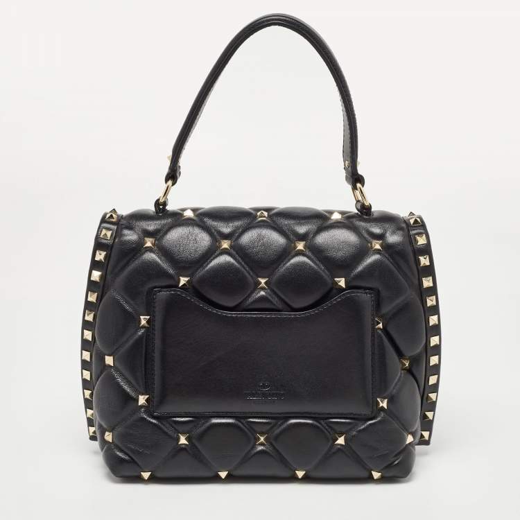 Pre Owned Valentino Black Quilted Leather Medium Candystud Top Handle Bag