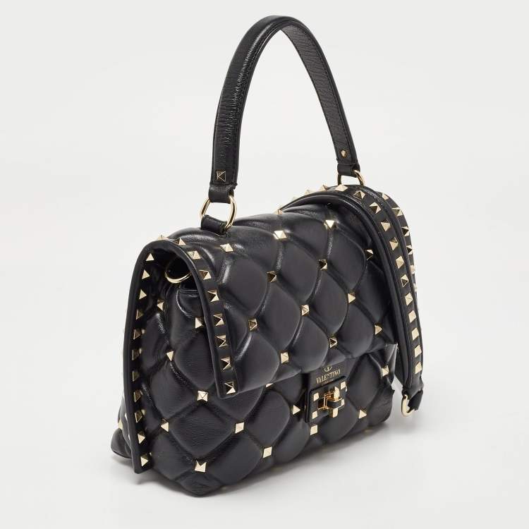 Pre Owned Valentino Black Quilted Leather Medium Candystud Top Handle Bag