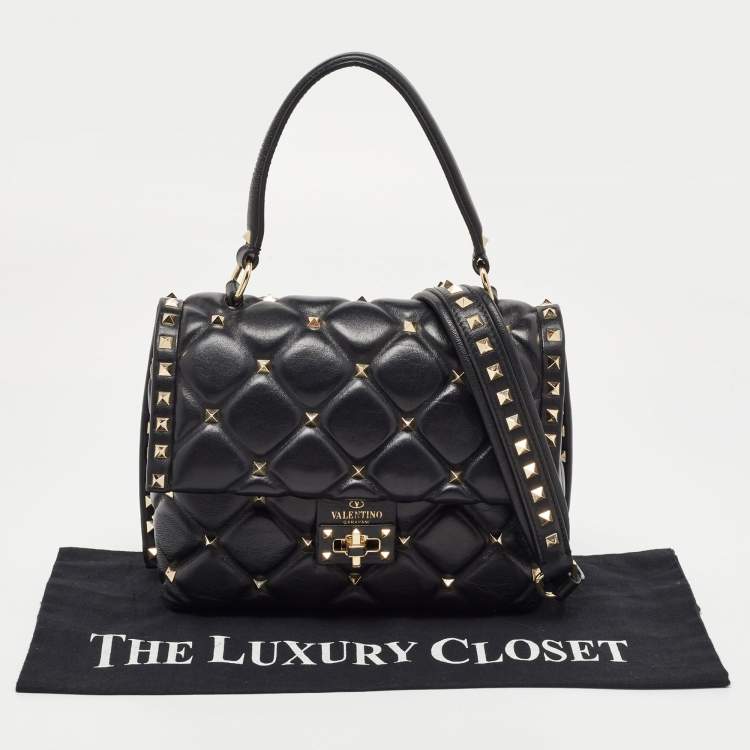 Pre Owned Valentino Black Quilted Leather Medium Candystud Top Handle Bag