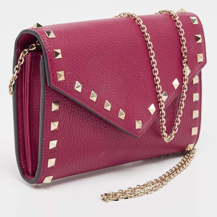 Pre Owned Valentino Pink Leather Rockstud Envelope Wallet on Chain
