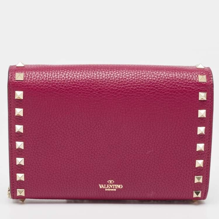 Pre Owned Valentino Pink Leather Rockstud Envelope Wallet on Chain
