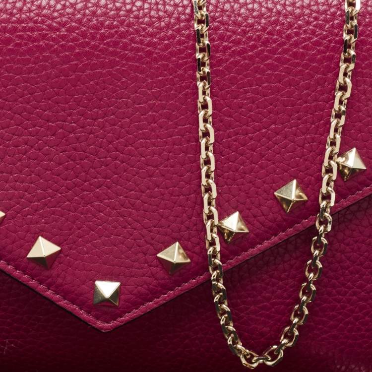 Pre Owned Valentino Pink Leather Rockstud Envelope Wallet on Chain