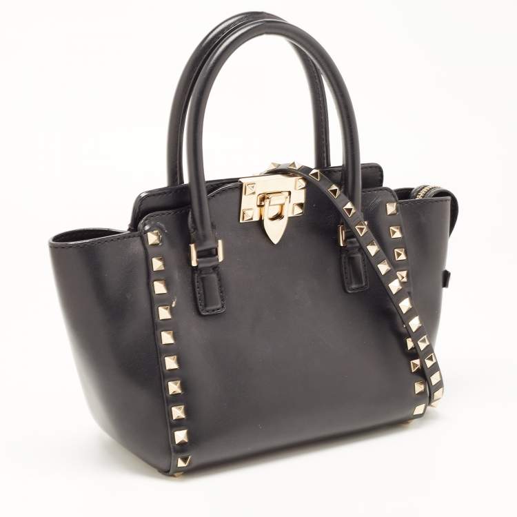 Pre Owned Valentino Black Leather Mini Rockstud Trapeze Tote
