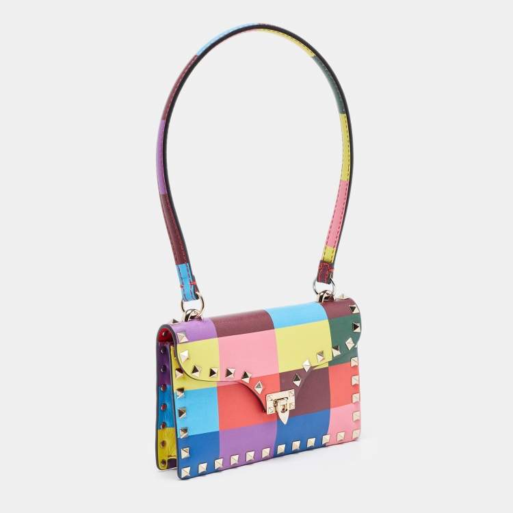 Pre Owned Valentino Multicolor Printed Leather Rockstud Top Handle Bag