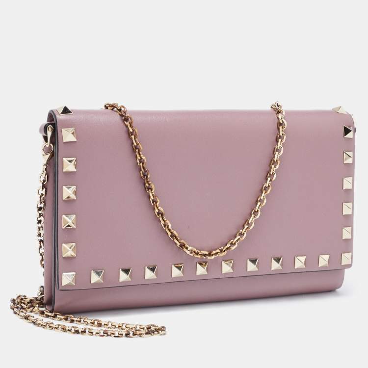 Pre Owned Valentino Purple Leather Rockstud Flap Chain Clutch
