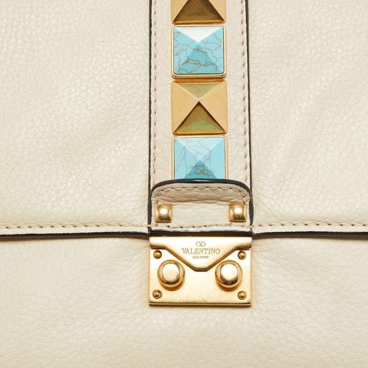 Pre Owned Valentino Cream Leather Medium Rockstud Glam Lock Flap Bag