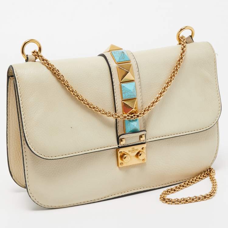 Pre Owned Valentino Cream Leather Medium Rockstud Glam Lock Flap Bag