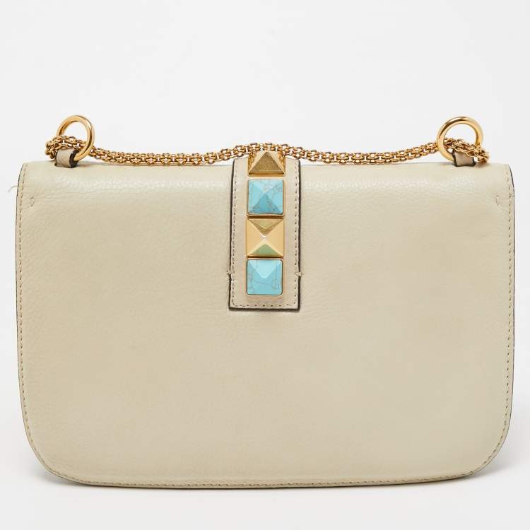 Pre Owned Valentino Cream Leather Medium Rockstud Glam Lock Flap Bag