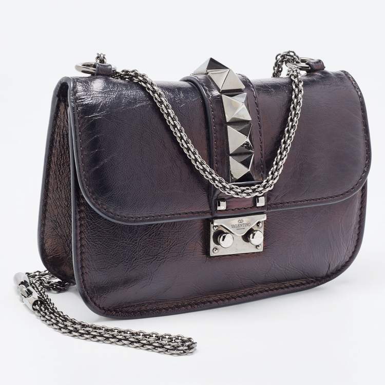 Pre Owned Valentino Black Leather Small Rockstud Glam Lock Flap Bag