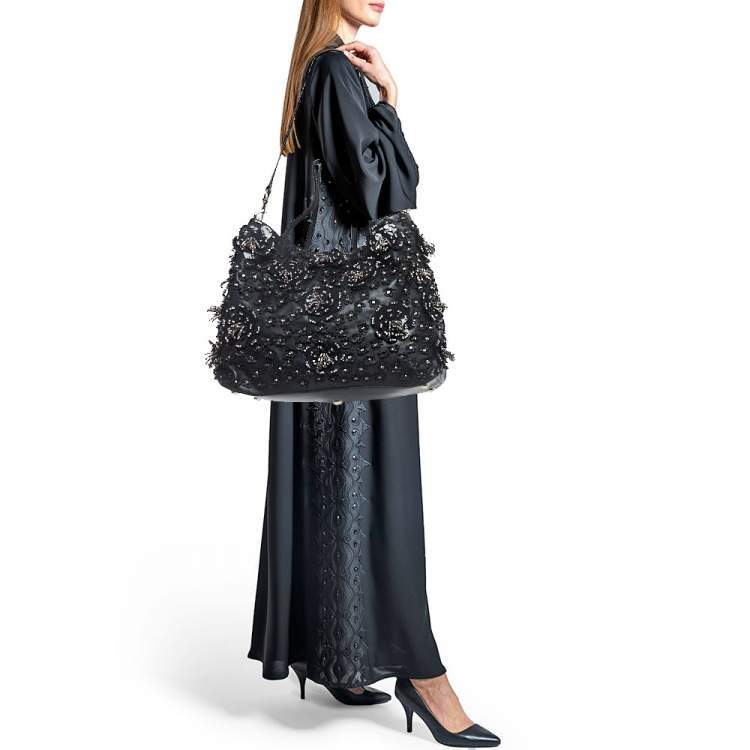 Pre Owned Valentino Black Leather Crystal Embellished Floral Applique Tote