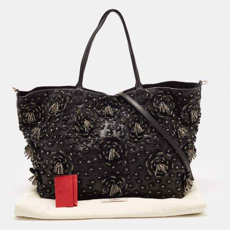 Pre Owned Valentino Black Leather Crystal Embellished Floral Applique Tote