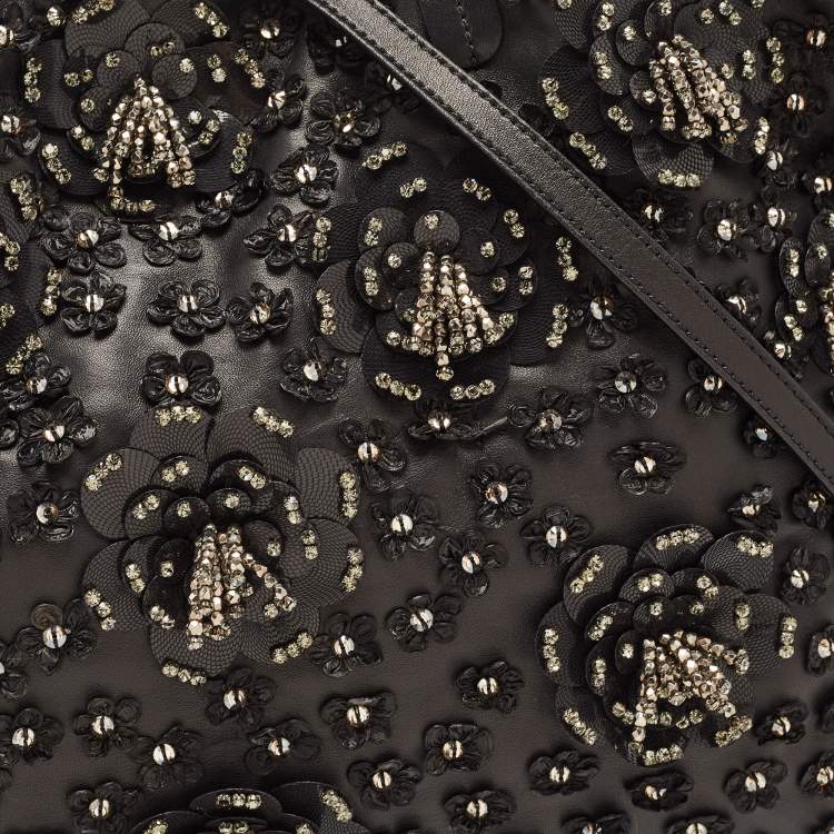 Pre Owned Valentino Black Leather Crystal Embellished Floral Applique Tote