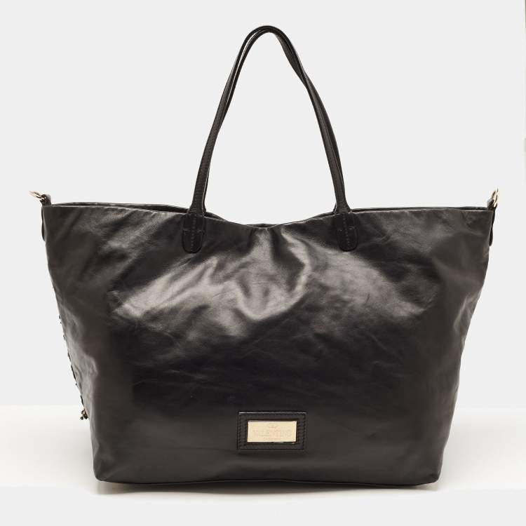 Pre Owned Valentino Black Leather Crystal Embellished Floral Applique Tote