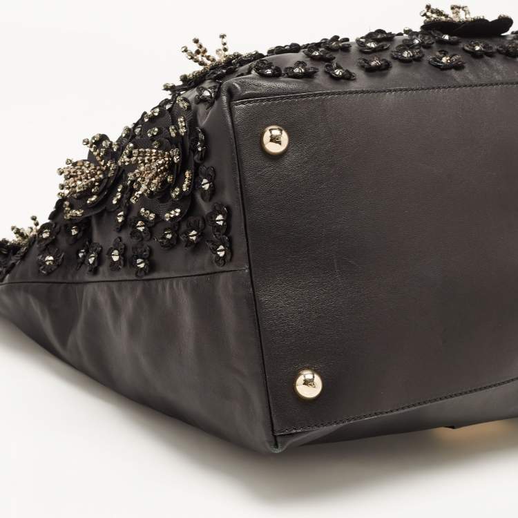 Pre Owned Valentino Black Leather Crystal Embellished Floral Applique Tote