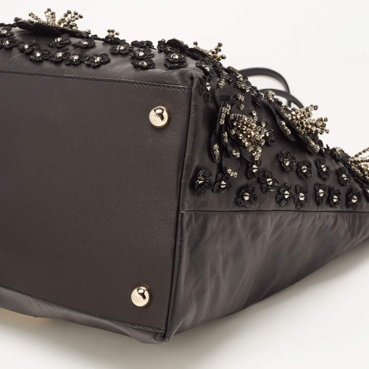 Pre Owned Valentino Black Leather Crystal Embellished Floral Applique Tote