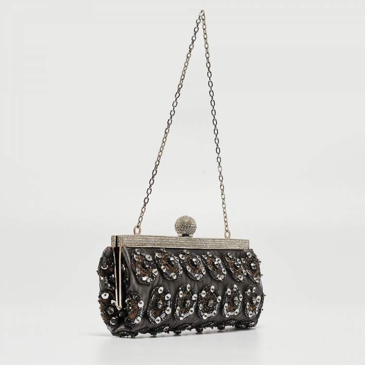 Pre Owned Valentino Black Mesh Embellished Frame Chain Clutch