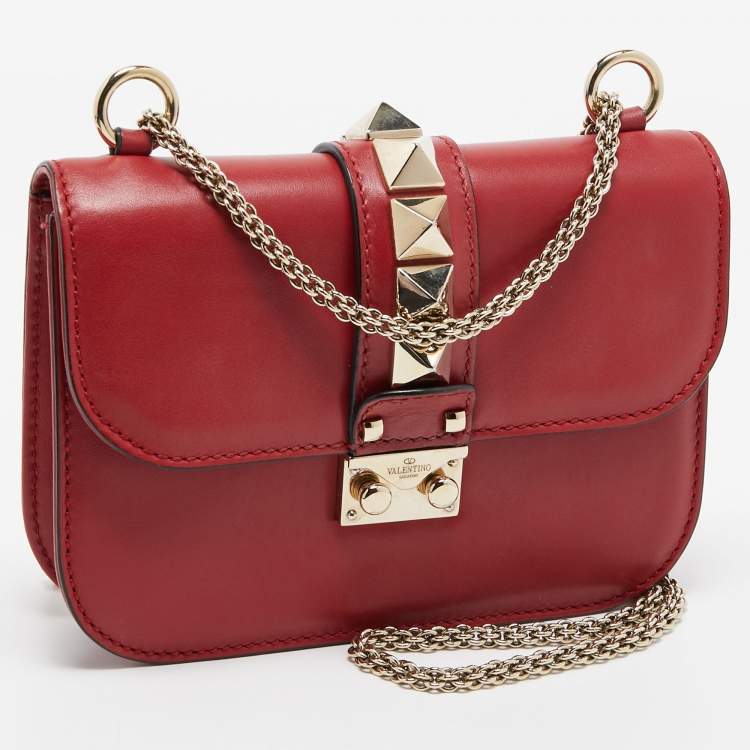 Pre Owned Valentino Red Leather Small Rockstud Glam Lock Flap Bag