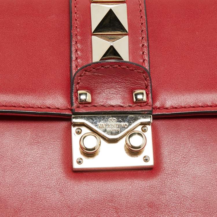 Pre Owned Valentino Red Leather Small Rockstud Glam Lock Flap Bag