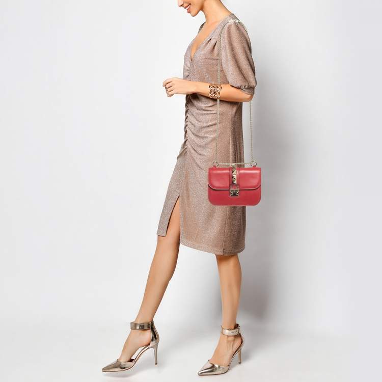 Pre Owned Valentino Red Leather Small Rockstud Glam Lock Flap Bag