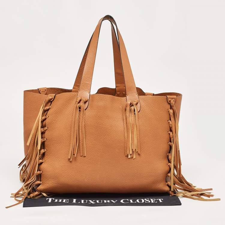 Pre Owned Valentino Brown Pebbled Leather Fringe C-Rockee Tote