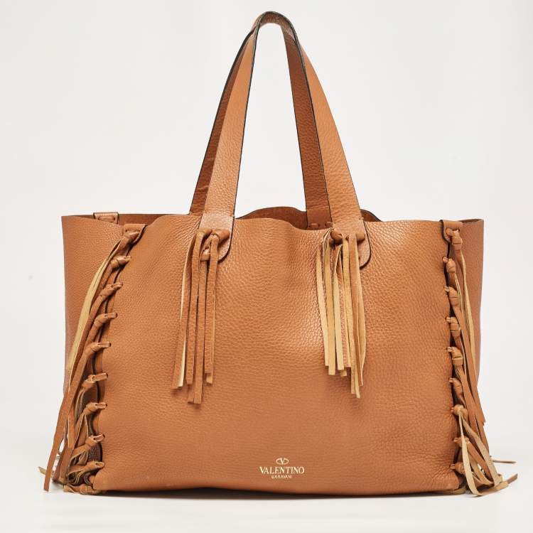 Pre Owned Valentino Brown Pebbled Leather Fringe C-Rockee Tote
