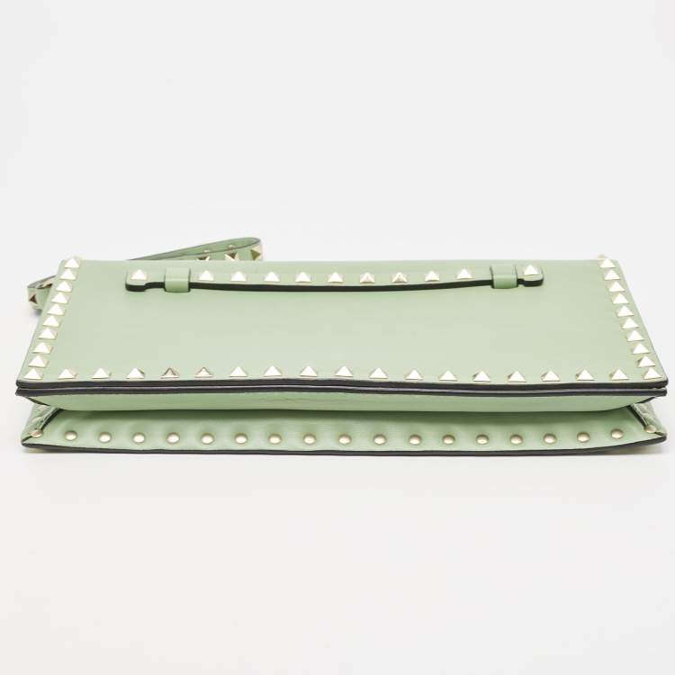 Pre Owned Valentino Lime Green Leather Rockstud Wristlet Clutch